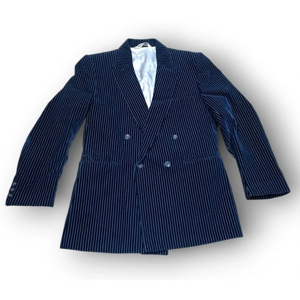 Vtg Falcone Double Breasted Navy Blue Striped Velvet Blazer Mens 42 ACTWU USA